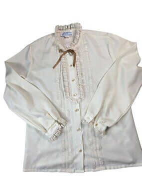 Lady Holiday Vintage Ivory Lace Blouse Size 16 With Ruffle Collar & Bow
